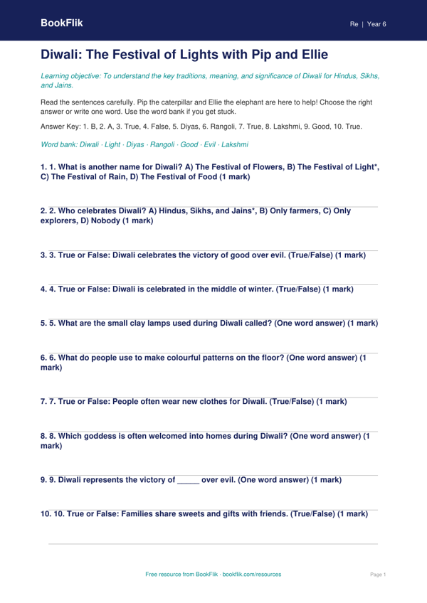 Free Diwali Quiz | Class 6 | EVS / Moral Education | BookFlik worksheet preview — Re Diwali