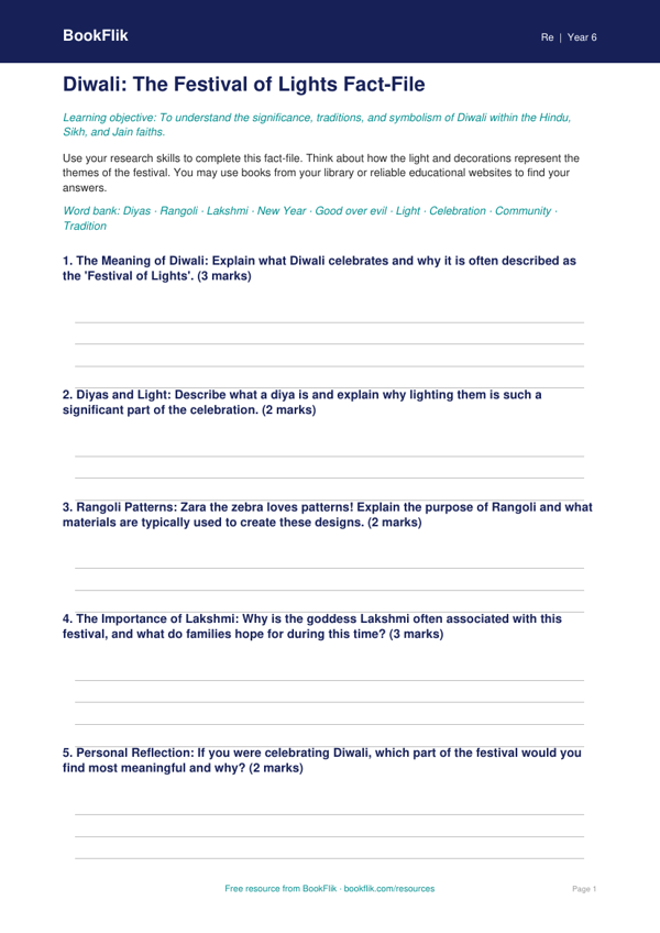 Free Diwali Template | Class 6 | EVS / Moral Education | BookFlik worksheet preview — Re Diwali