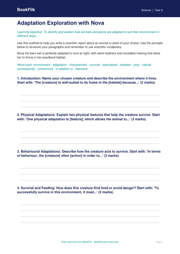 Free Adaptation Writing Frame | Class 6 | Science | BookFlik worksheet preview — Science Adaptation