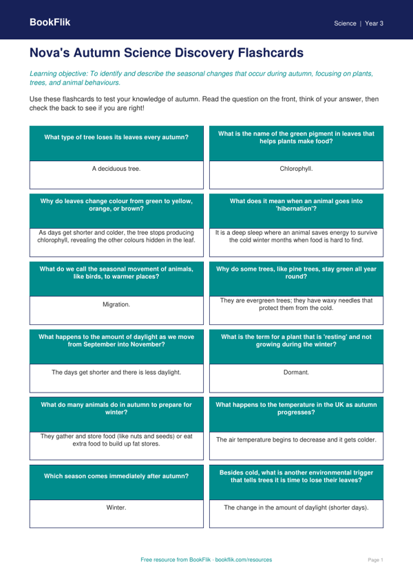 Free Autumn Science Flashcards | Class 3 | Science | BookFlik worksheet preview — Science Autumn Science