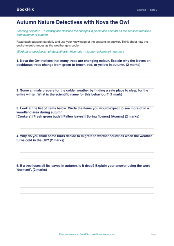 Free Autumn Science Worksheet | Class 3 | Science | BookFlik worksheet preview — Science Autumn Science