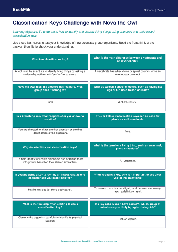 Free Classification Keys Flashcards | Class 6 | Science | BookFlik worksheet preview — Science Classification Keys