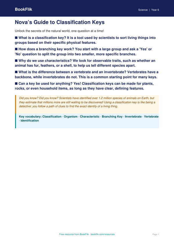 Free Classification Keys Poster | Class 6 | Science | BookFlik worksheet preview — Science Classification Keys
