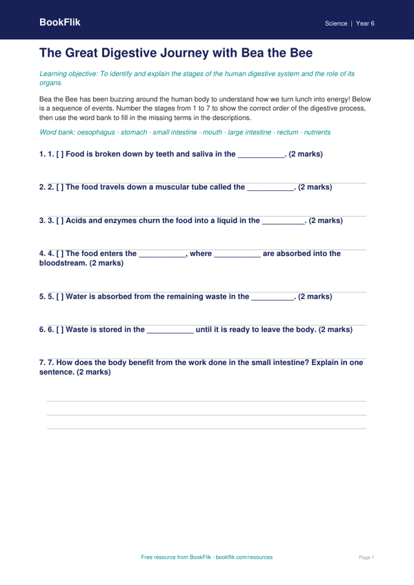 Free Digestion Activity Sheet | Class 6 | Science | BookFlik worksheet preview — Science Digestion