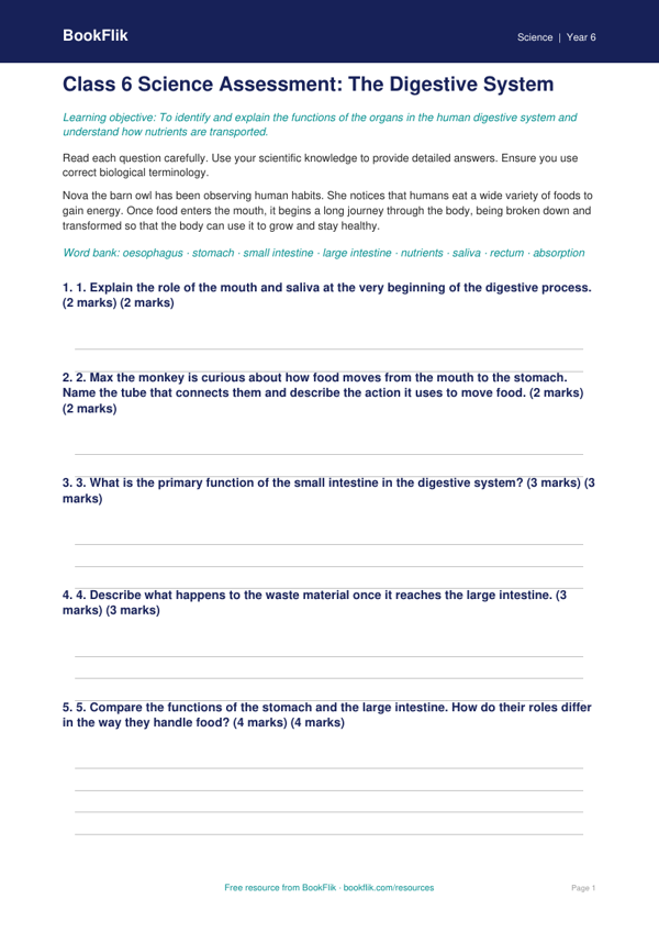 Free Digestion Assessment | Class 6 | Science | BookFlik