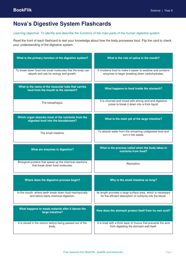 Free Digestion Flashcards | Class 6 | Science | BookFlik worksheet preview — Science Digestion