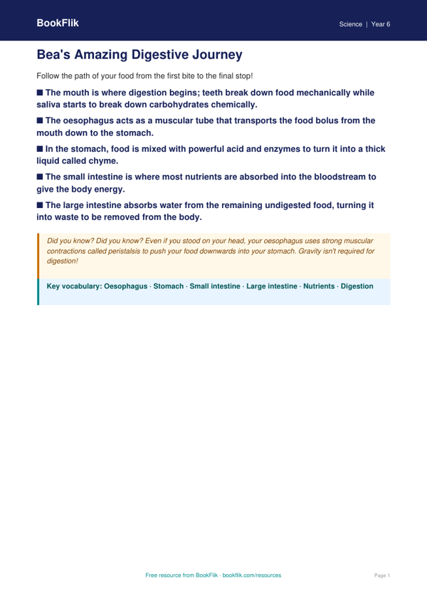 Free Digestion Poster | Class 6 | Science | BookFlik worksheet preview — Science Digestion