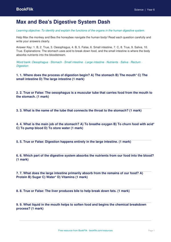 Free Digestion Quiz | Class 6 | Science | BookFlik