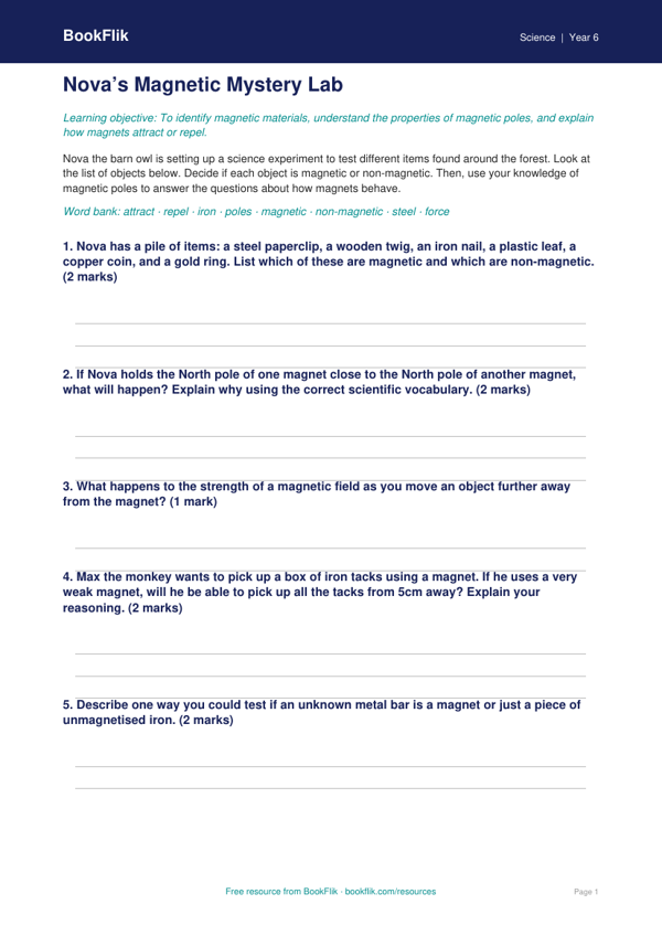 Free Magnets Activity Sheet | Class 6 | Science | BookFlik worksheet preview — Science Magnets
