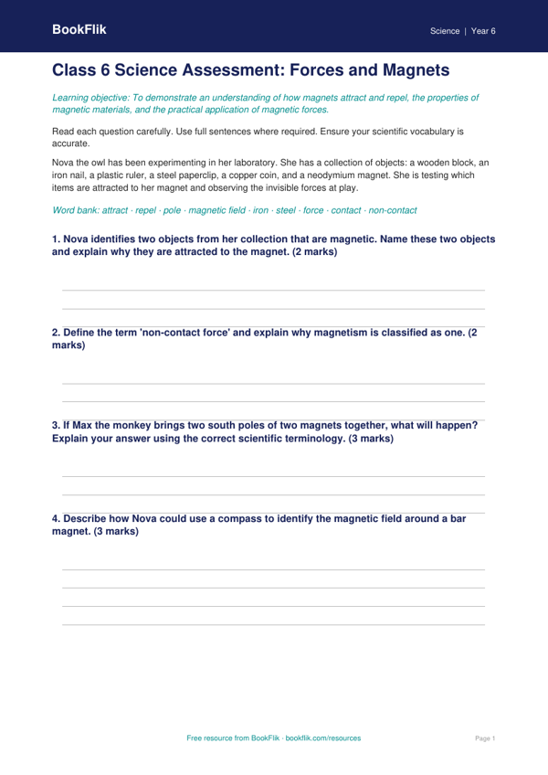 Free Magnets Assessment | Class 6 | Science | BookFlik worksheet preview — Science Magnets
