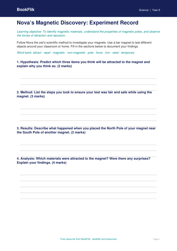 Free Magnets Template | Class 6 | Science | BookFlik worksheet preview — Science Magnets