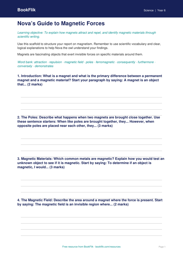 Free Magnets Writing Frame | Class 6 | Science | BookFlik worksheet preview — Science Magnets