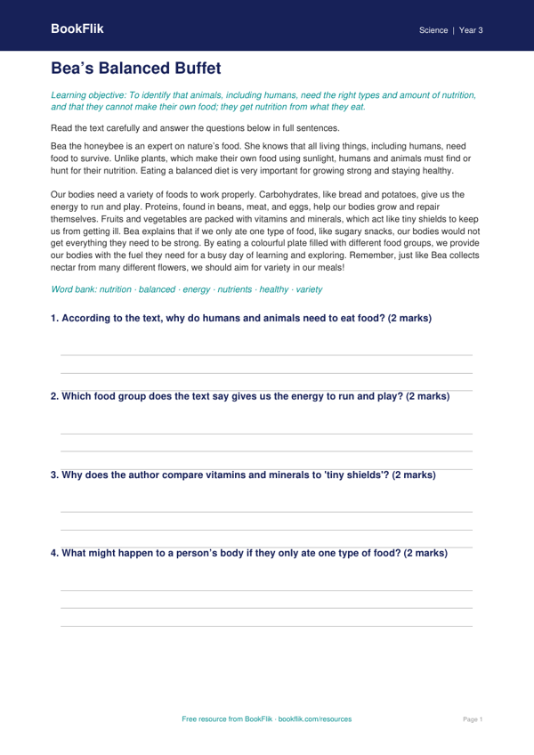 Free Nutrition Comprehension | Class 3 | Science | BookFlik worksheet preview — Science Nutrition
