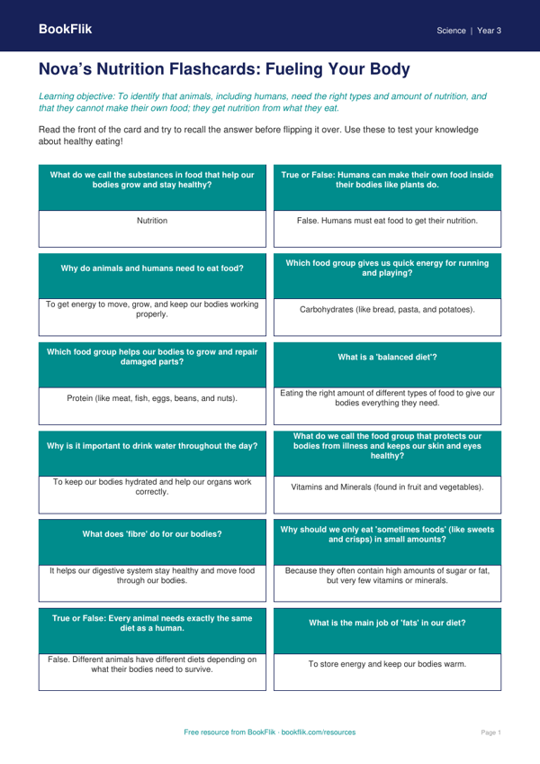 Free Nutrition Flashcards | Class 3 | Science | BookFlik worksheet preview — Science Nutrition