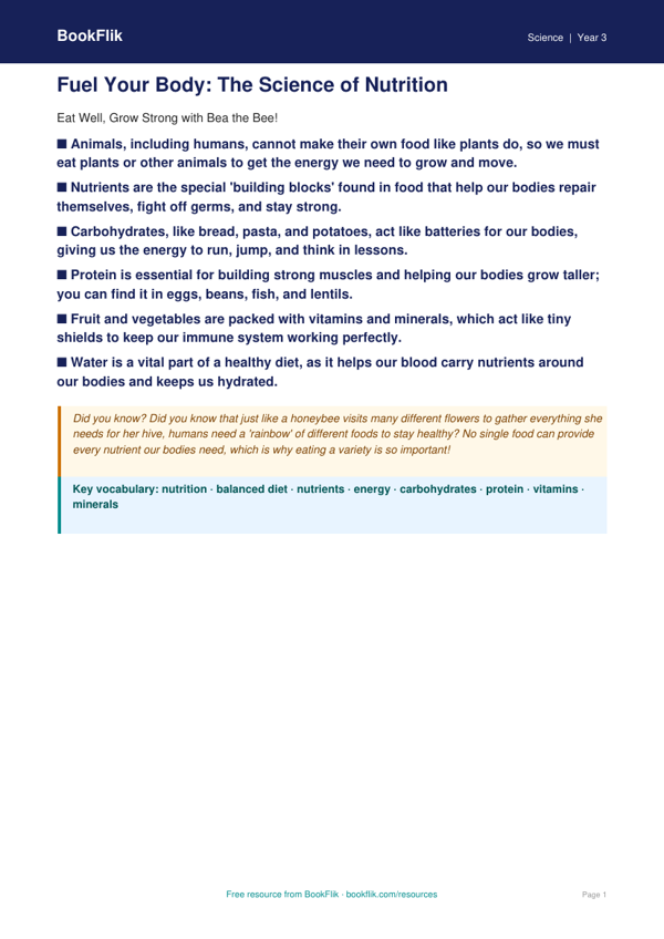 Free Nutrition Poster | Class 3 | Science | BookFlik worksheet preview — Science Nutrition