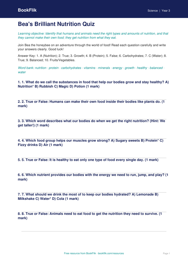 Nutrition Quiz for Class 3 | Science CBSE | BookFlik worksheet preview — Science Nutrition