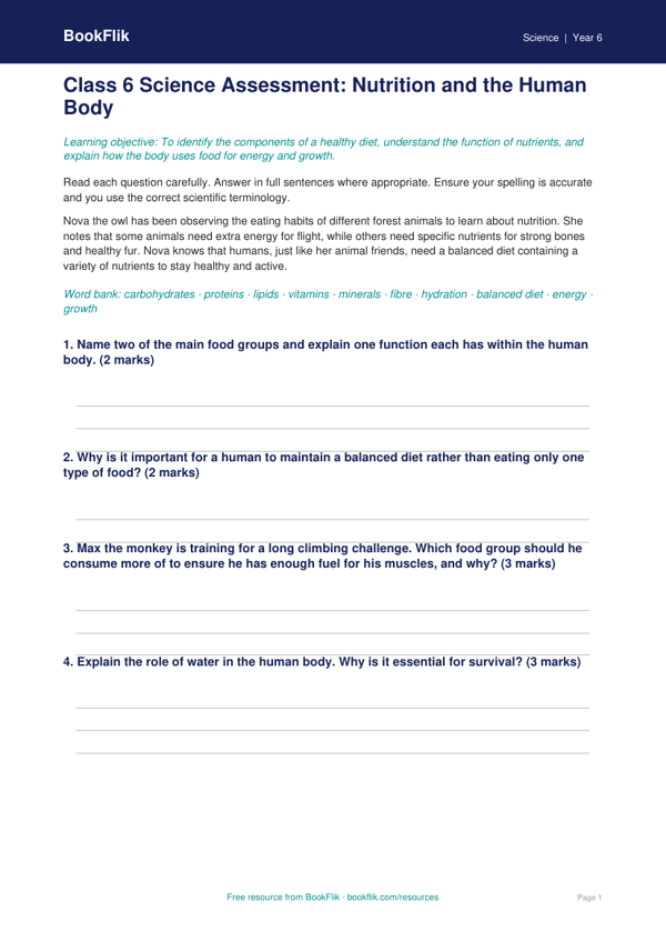 Free Nutrition Assessment | Class 6 | Science | BookFlik