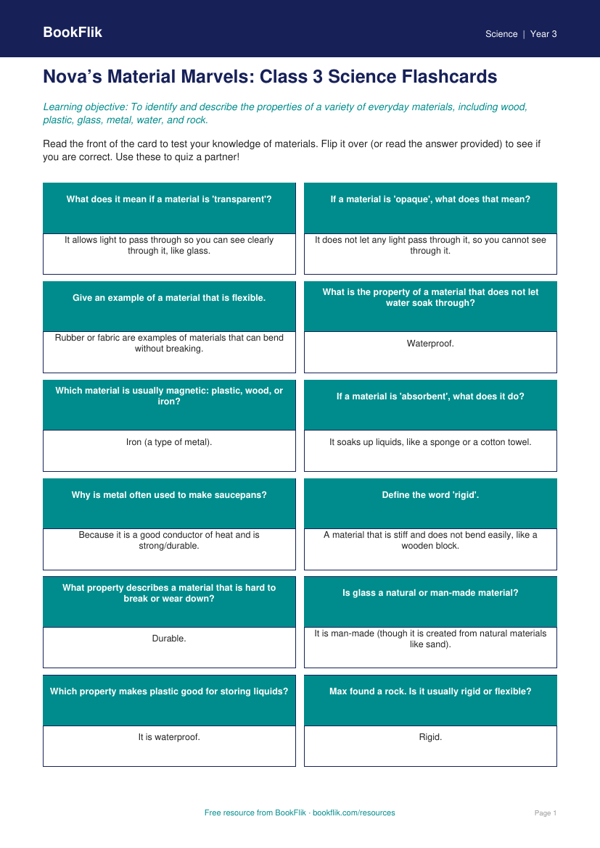 Free Properties Of Materials Flashcards | Class 3 | Science | BookFlik worksheet preview — Science Properties Of Materials