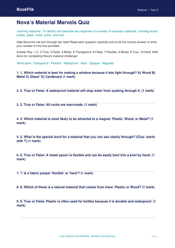 Free Properties Of Materials Quiz | Class 3 | Science | BookFlik worksheet preview — Science Properties Of Materials