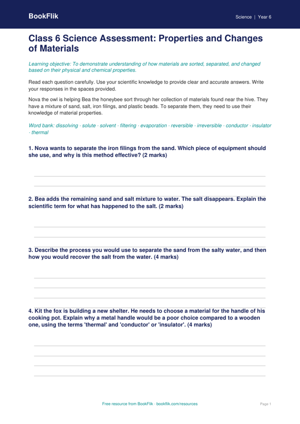 Free Properties Of Materials Assessment | Class 6 | Science | BookFlik
