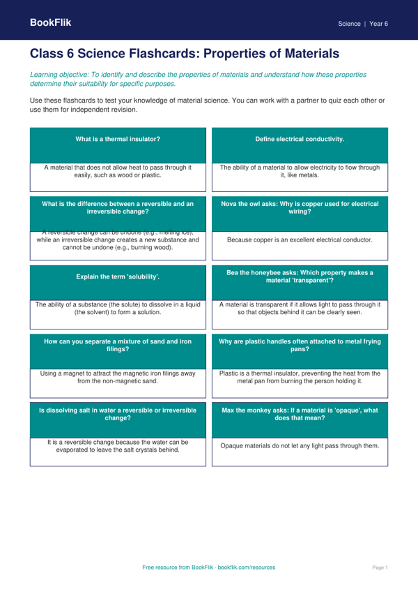Free Properties Of Materials Flashcards | Class 6 | Science | BookFlik