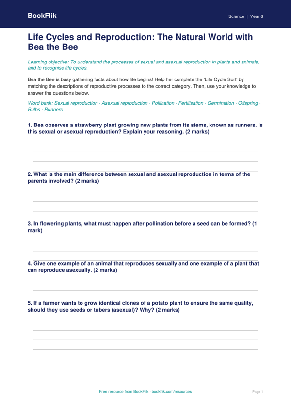 Free Reproduction Activity Sheet | Class 6 | Science | BookFlik