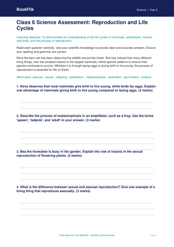 Free Reproduction Assessment | Class 6 | Science | BookFlik