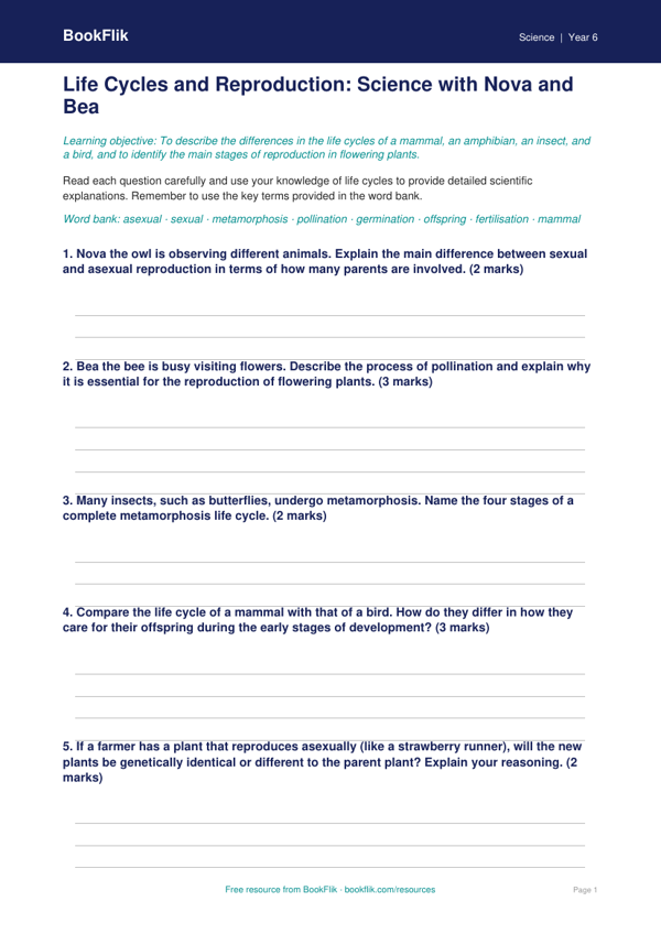 Free Reproduction Worksheet | Class 6 | Science | BookFlik