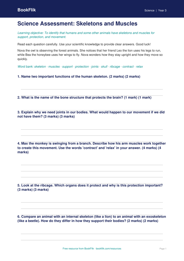 Free Skeleton And Muscles Assessment | Class 3 | Science | BookFlik worksheet preview — Science Skeleton And Muscles