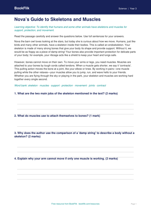 Free Skeleton And Muscles Comprehension | Class 3 | Science | BookFlik worksheet preview — Science Skeleton And Muscles