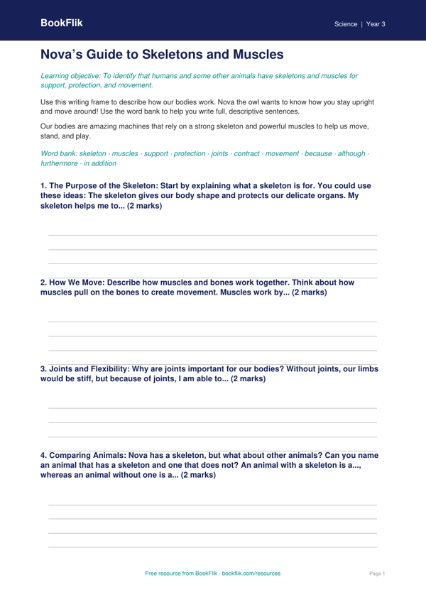 Free Skeleton And Muscles Writing Frame | Class 3 | Science | BookFlik worksheet preview — Science Skeleton And Muscles