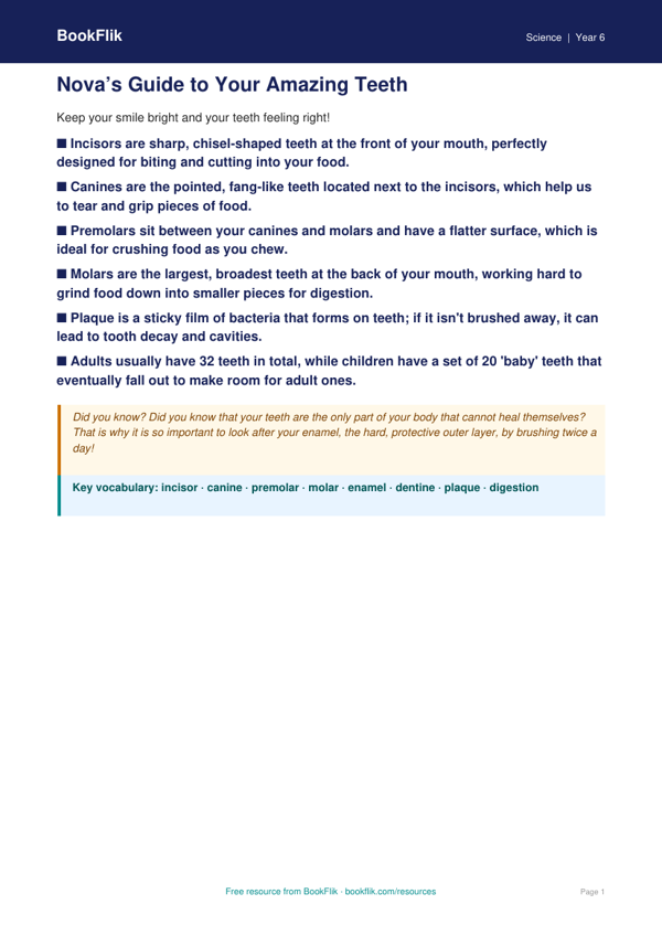 Free Teeth Poster | Class 6 | Science | BookFlik worksheet preview — Science Teeth