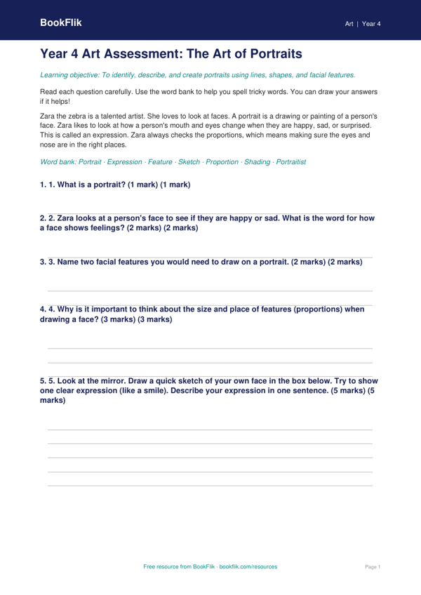 Free Portraits Assessment | Year 4 Supported | BookFlik worksheet preview — Art Portraits