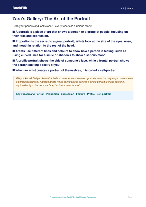Free Portraits Poster | Year 4 Core | BookFlik worksheet preview — Art Portraits