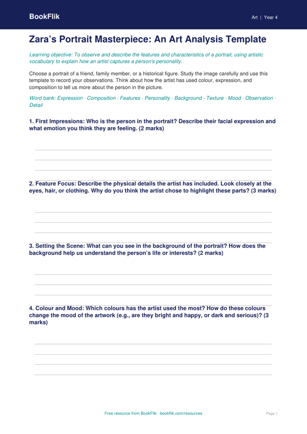 Free Portraits Template | Year 4 Core | BookFlik worksheet preview — Art Portraits