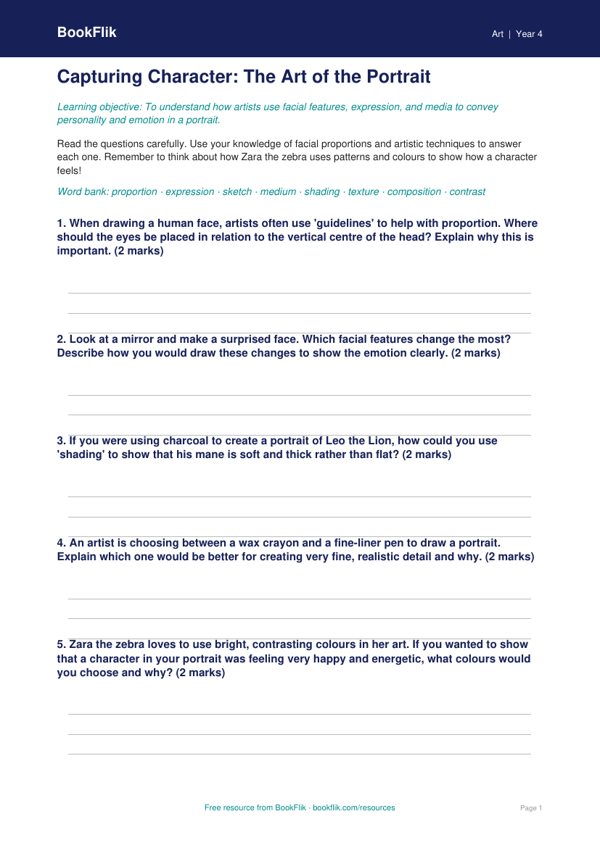 Free Portraits Worksheet | Year 4 Core | BookFlik worksheet preview — Art Portraits