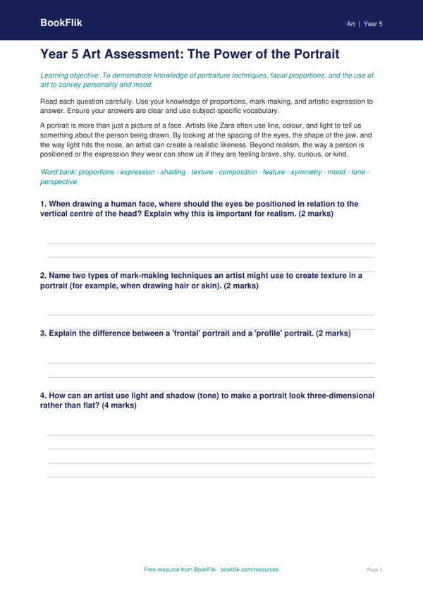 Free Portraits Assessment | Year 5 Core | BookFlik worksheet preview — Art Portraits