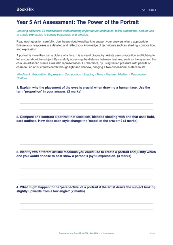 Free Portraits Assessment | Year 5 Greater Depth | BookFlik worksheet preview — Art Portraits