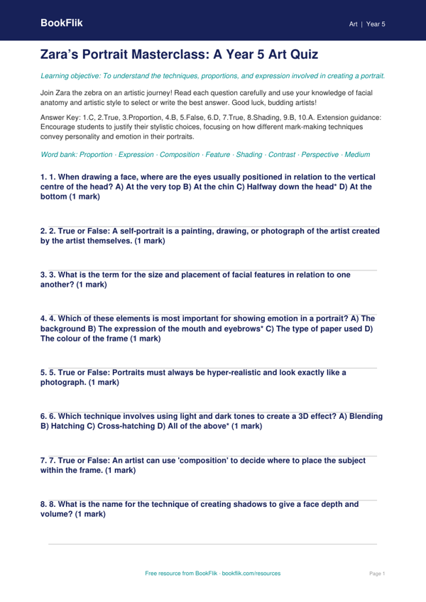 Free Portraits Quiz | Year 5 Greater Depth | BookFlik worksheet preview — Art Portraits