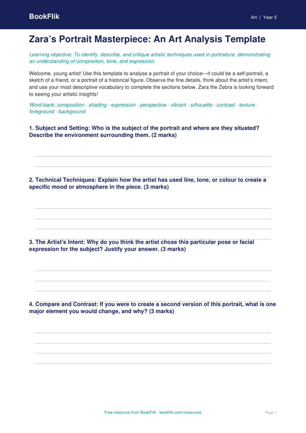 Free Portraits Template | Year 5 Greater Depth | BookFlik worksheet preview — Art Portraits