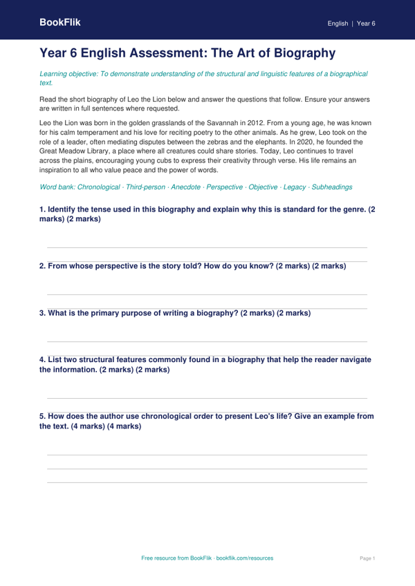 Free Biography Assessment | Year 6 Core | BookFlik worksheet preview — English Biography