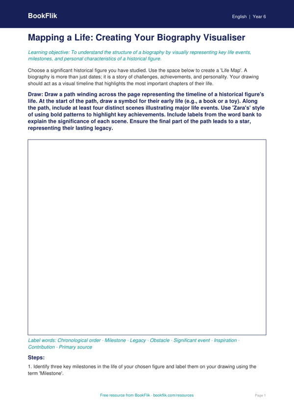 Free Biography Drawing Sheet | Year 6 Core | BookFlik worksheet preview — English Biography