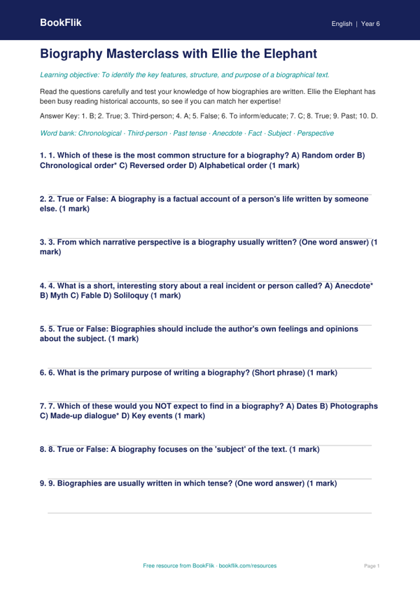 Free Biography Quiz | Year 6 Core | BookFlik worksheet preview — English Biography