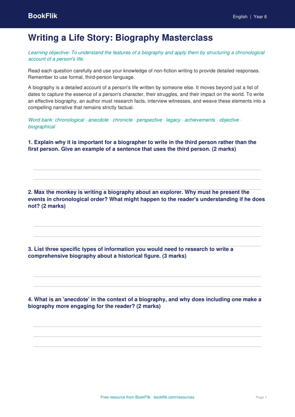 Free Biography Worksheet | Year 6 Core | BookFlik worksheet preview — English Biography