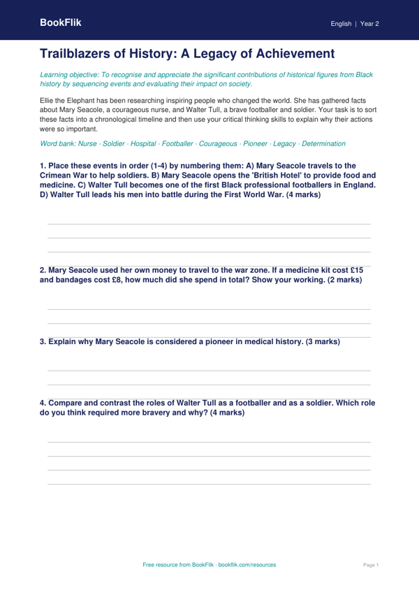 Free Black History Month Activity Sheet | Year 2 Greater Depth | BookFlik worksheet preview — English Black History Month