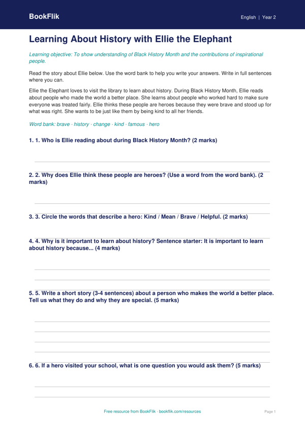 Free Black History Month Assessment | Year 2 Supported | BookFlik worksheet preview — English Black History Month