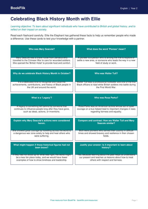 Free Black History Month Flashcards | Year 2 Greater Depth | BookFlik worksheet preview — English Black History Month