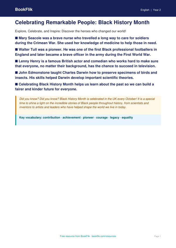 Free Black History Month Poster | Year 2 Greater Depth | BookFlik worksheet preview — English Black History Month