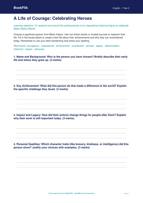 Free Black History Month Template | Year 2 Greater Depth | BookFlik worksheet preview — English Black History Month