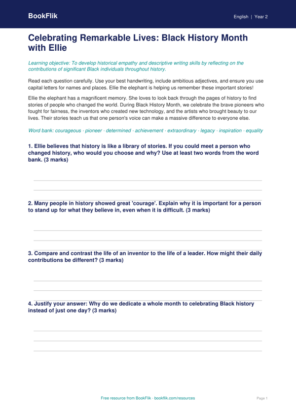 Free Black History Month Worksheet | Year 2 Greater Depth | BookFlik worksheet preview — English Black History Month